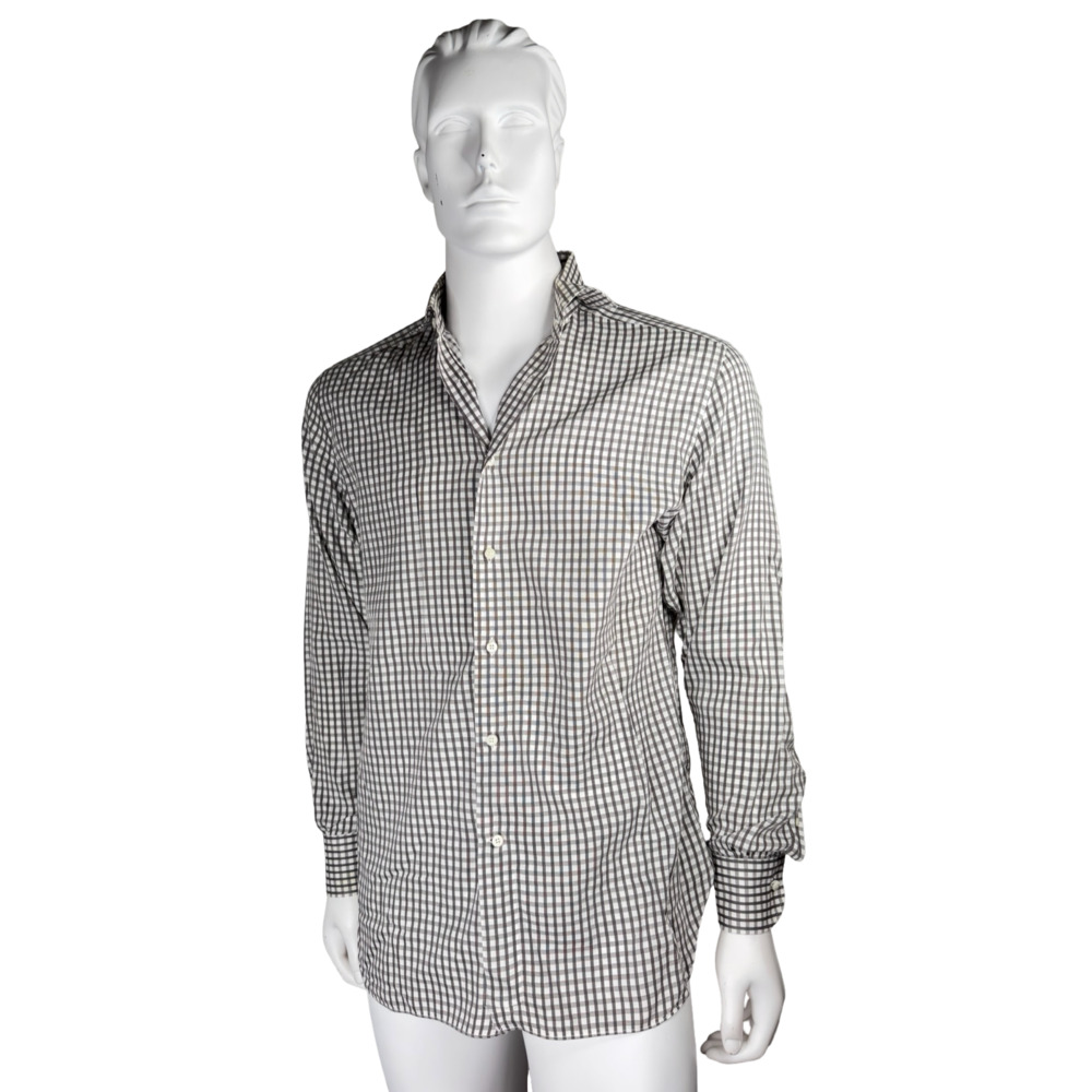 Ermenegildo Zegna Grey White Check Dress Shirt Mens Button Down Sz. 41/16